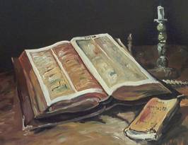 Stillleben mit Bibel; 55x40; Ölfarbe auf Karton